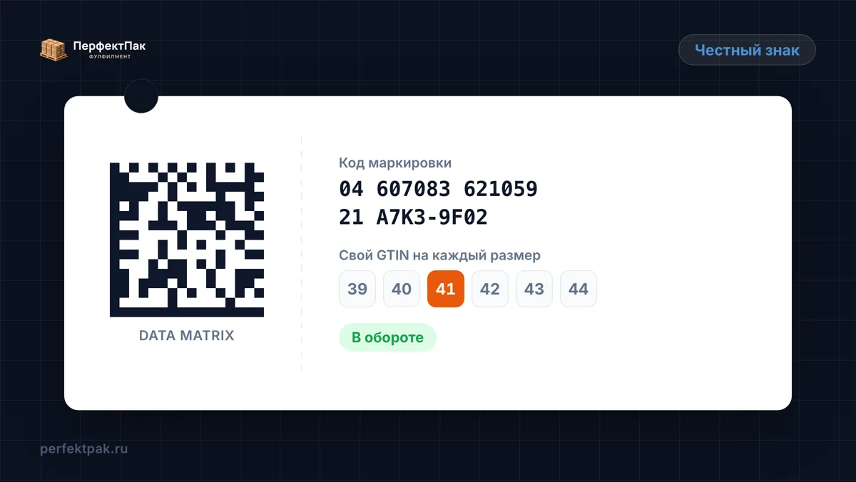 Бирка одежды с кодом Data Matrix «Честный знак», номером маркировки и рядом размеров, один из которых выделен как имеющий свой GTIN
